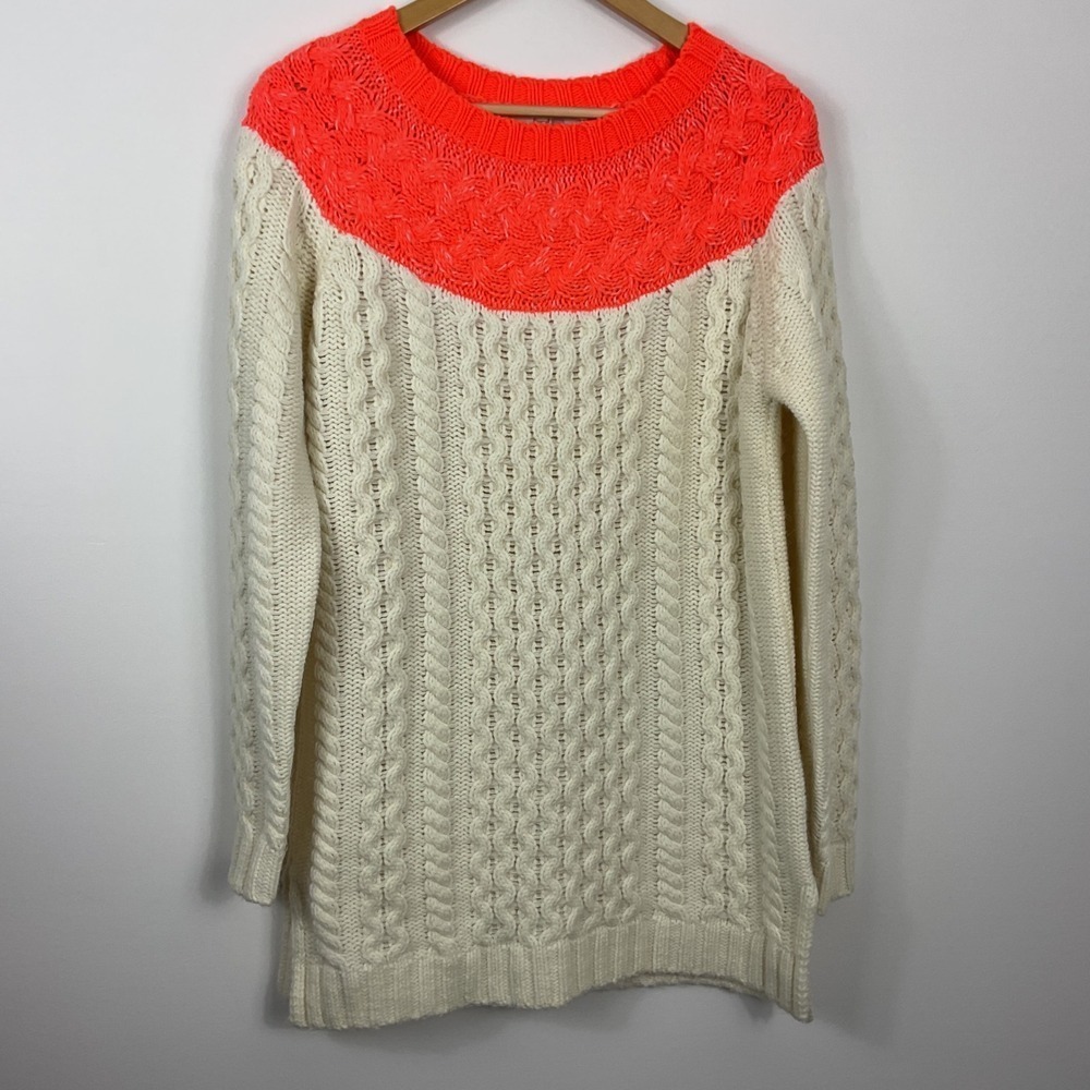 Boden Cream Cable Knit Tunic Sweater Neon Orange Yoke Neck Size UK10 US6